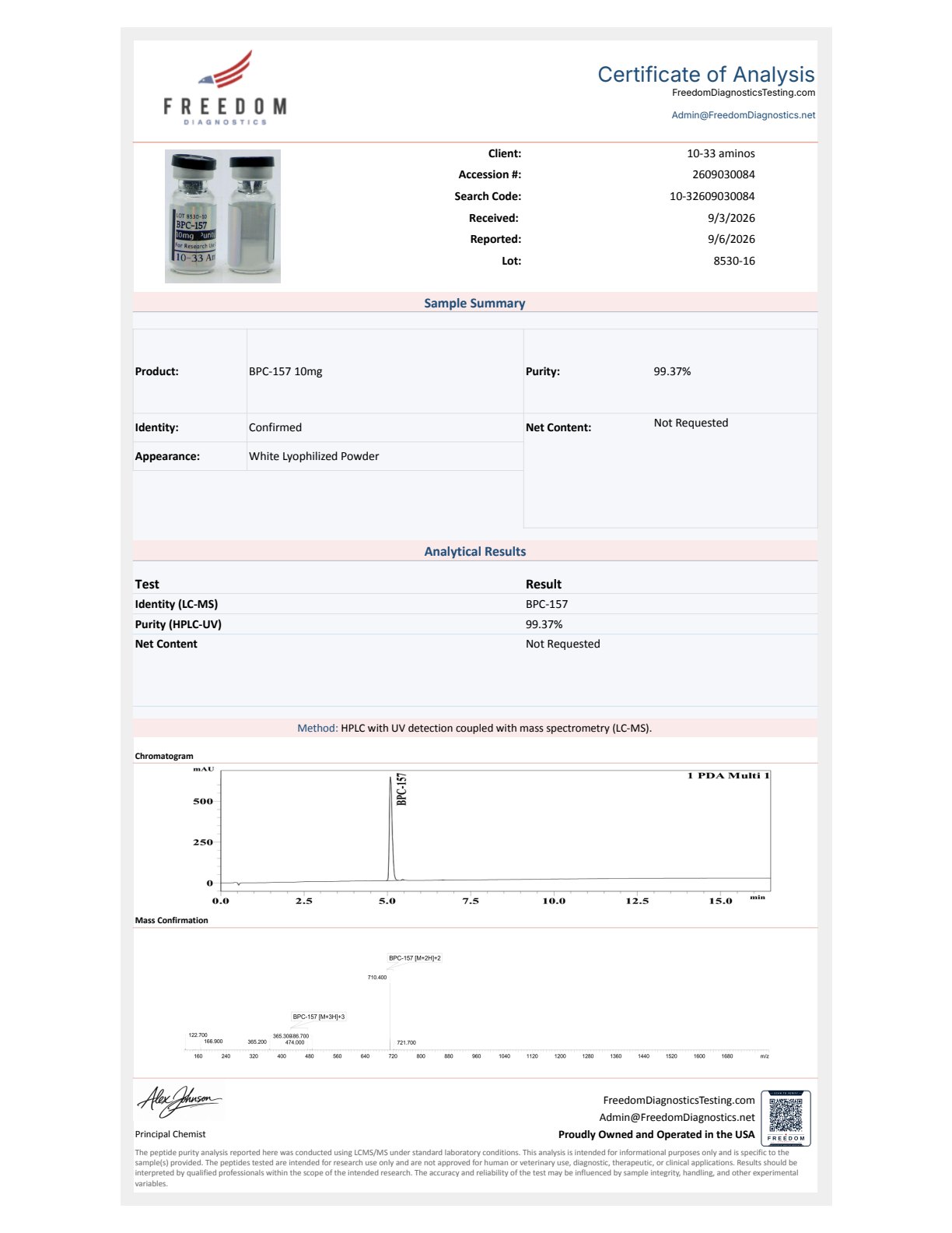 Freedom Diagnostics certificate of analysis for BPC-157, lot 8530-16