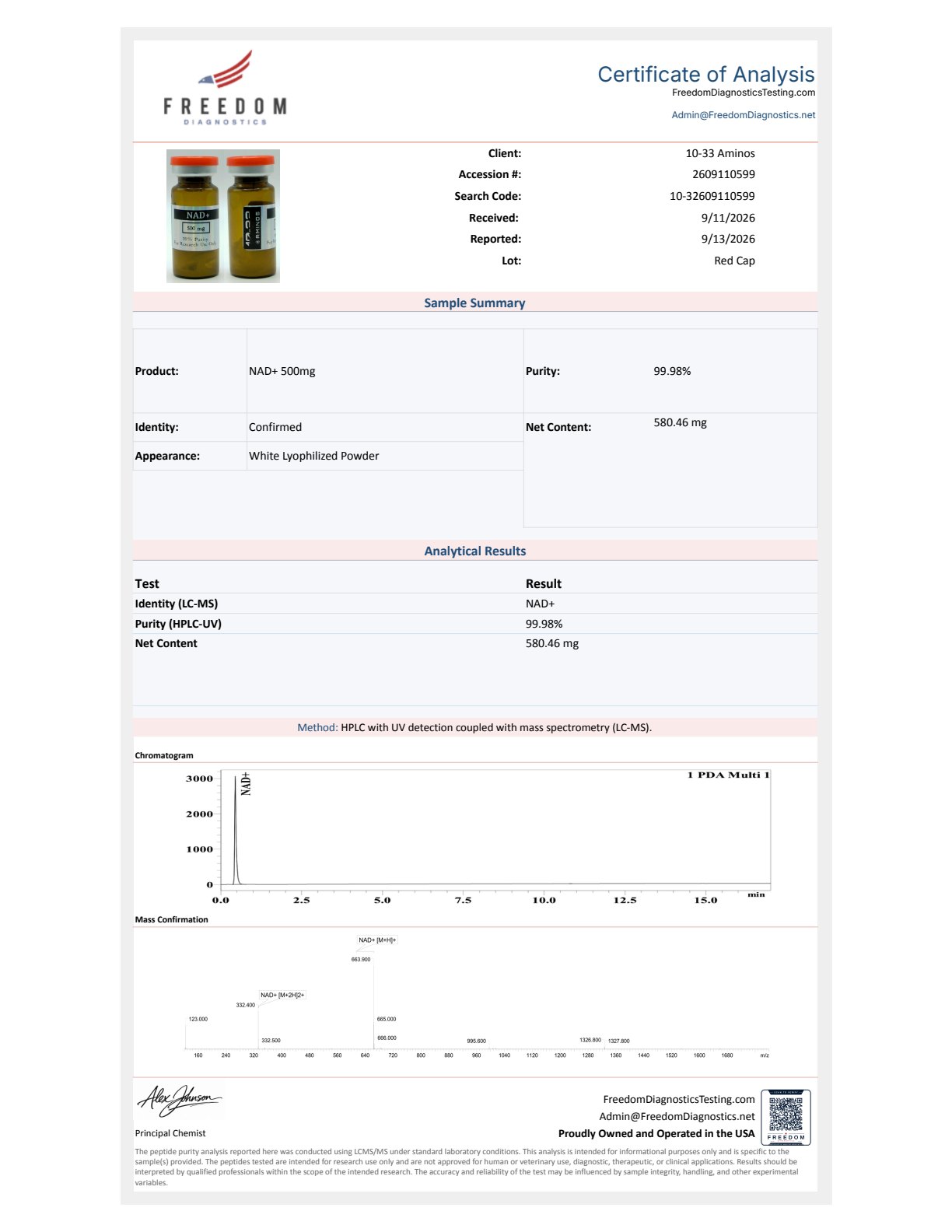 Freedom Diagnostics certificate of analysis for NAD+, lot Red Cap