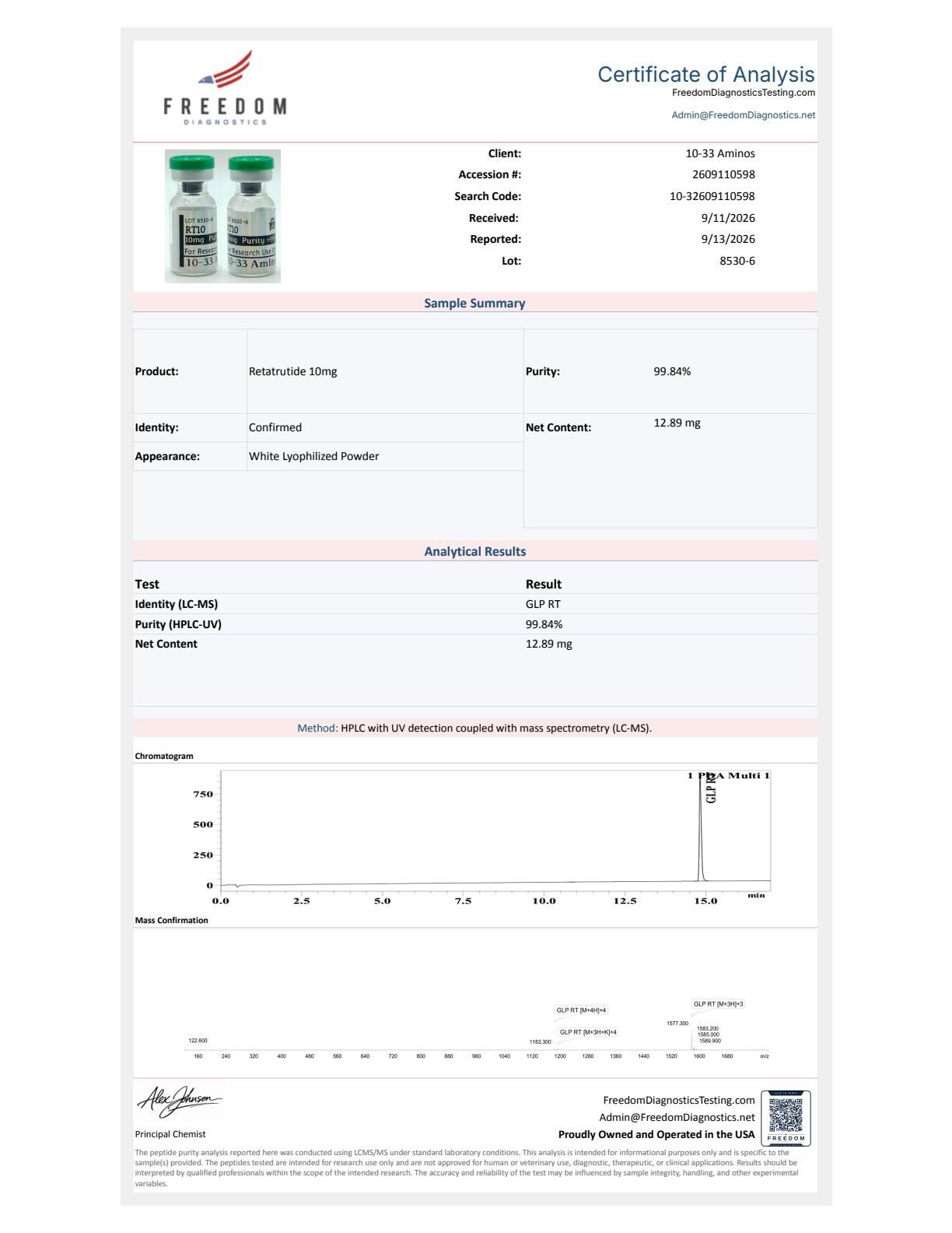 Freedom Diagnostics certificate of analysis for RT10, lot 8530-6